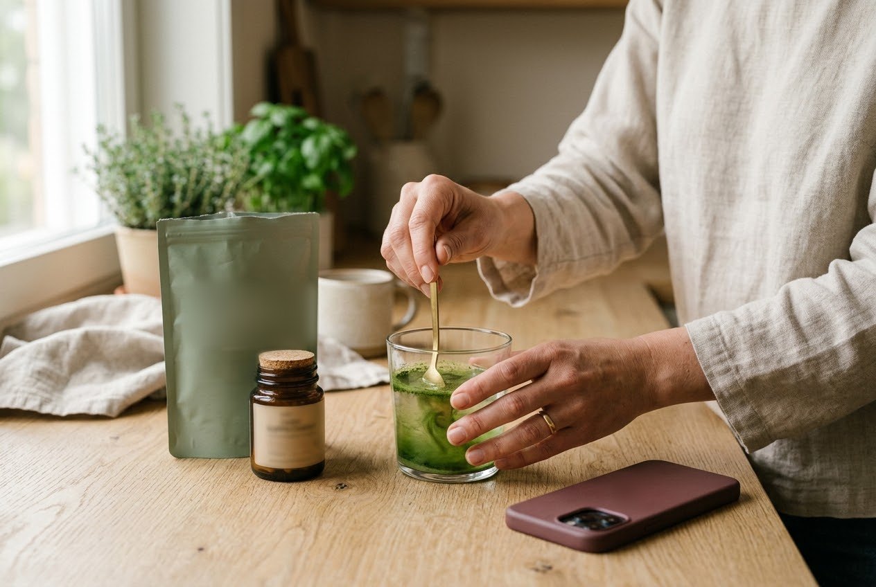 A woman stirring a greens supplement into water at her kitchen counter in the morning
